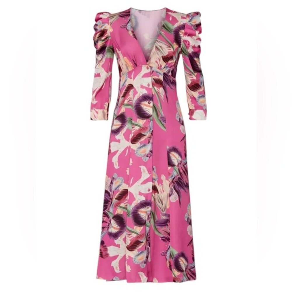 PatBo Grace Satin Floral Puff-Sleeve Midi Dress Pink Womens Size 6 Button Front